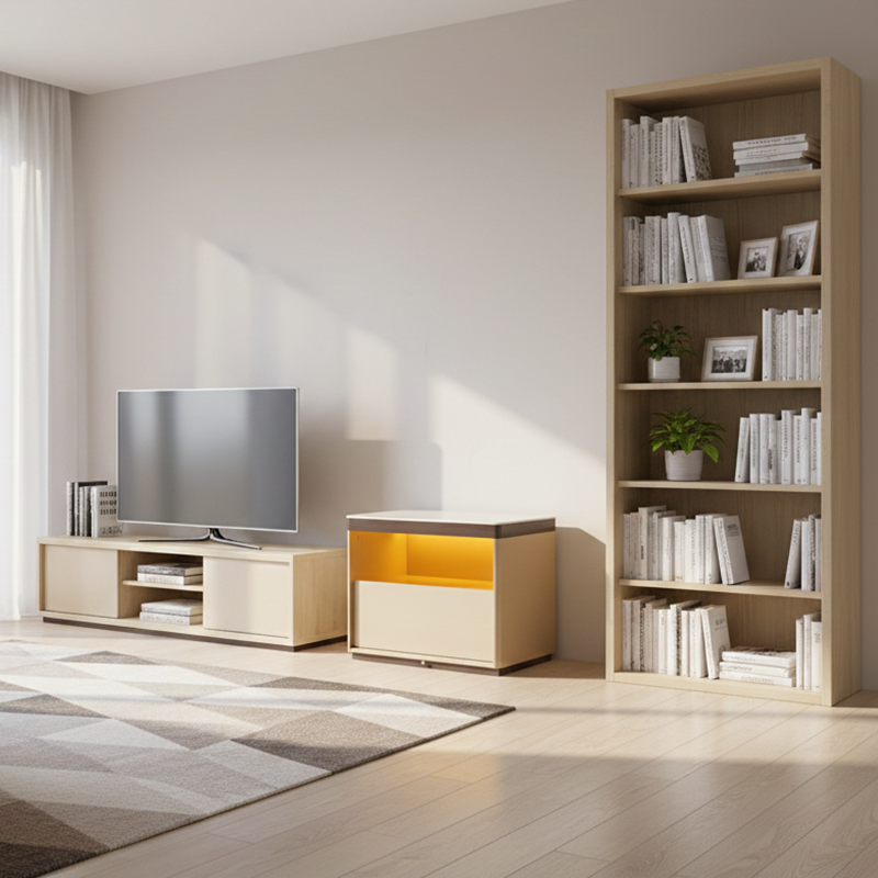 Sleek Off-White Nightstand with Marble Top and Motion-Sensor Light — Modern Minimalist Bedside Table with Quiet Single Drawer for the Bedroom