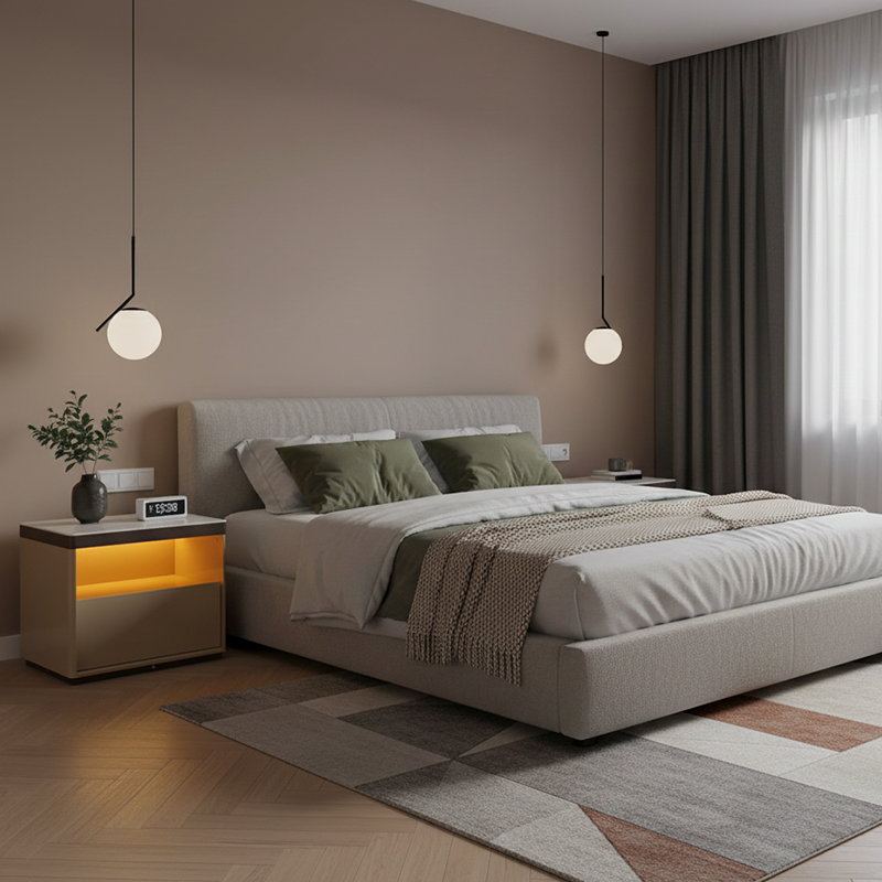 Sleek Off-White Nightstand with Marble Top and Motion-Sensor Light — Modern Minimalist Bedside Table with Quiet Single Drawer for the Bedroom