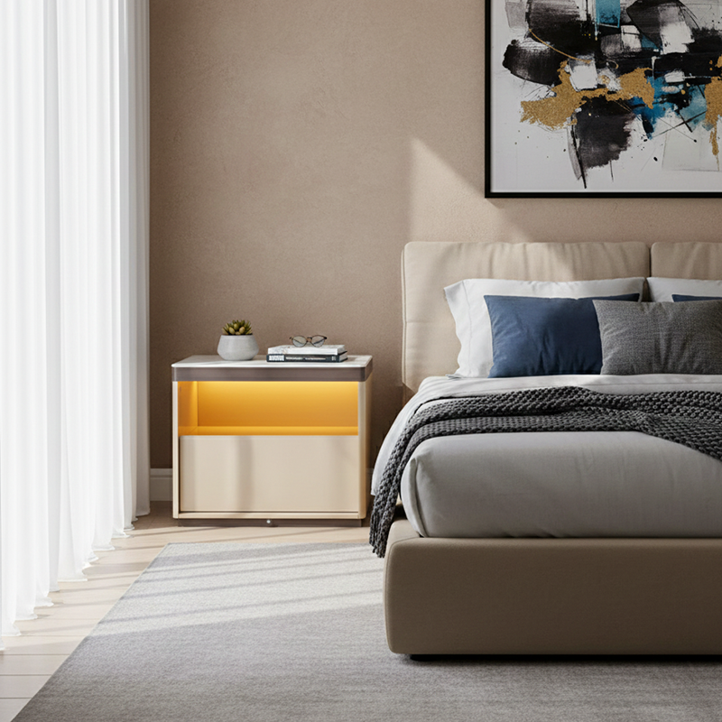Sleek Off-White Nightstand with Marble Top and Motion-Sensor Light — Modern Minimalist Bedside Table with Quiet Single Drawer for the Bedroom