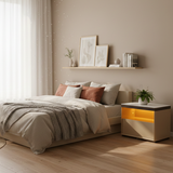 Sleek Off-White Nightstand with Marble Top and Motion-Sensor Light — Modern Minimalist Bedside Table with Quiet Single Drawer for the Bedroom