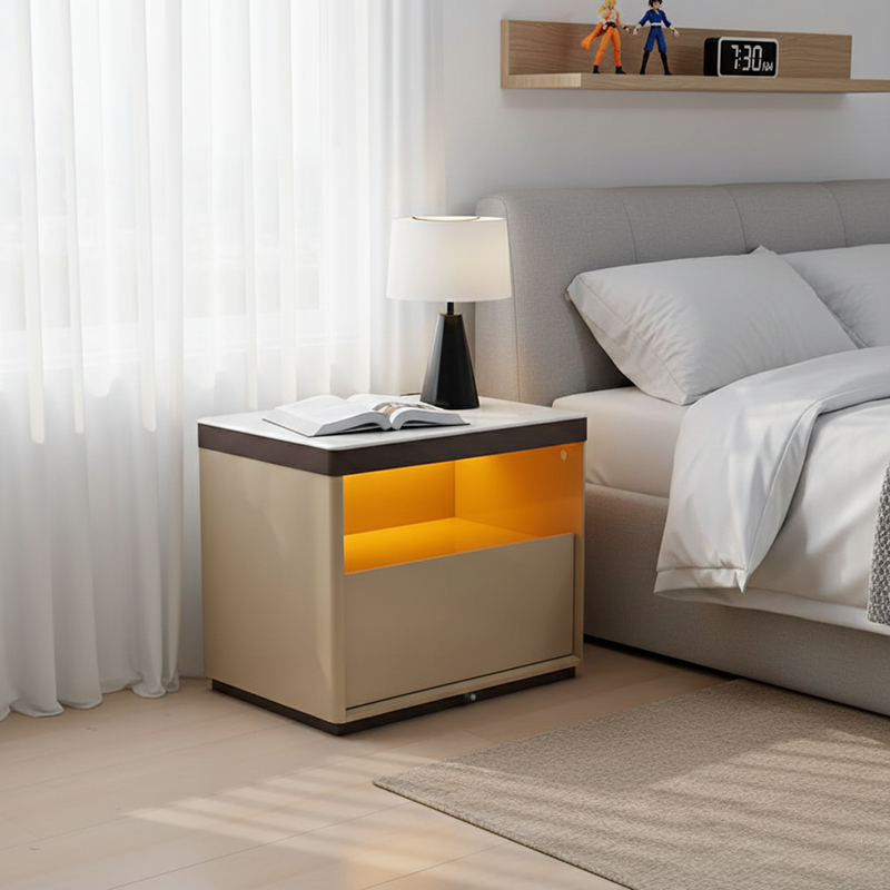 Sleek Off-White Nightstand with Marble Top and Motion-Sensor Light — Modern Minimalist Bedside Table with Quiet Single Drawer for the Bedroom