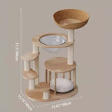 Contemporary Scandinavian Round Rubberwood Cat Tree, 4-Tier Solid Wood with Acrylic-Kraft Paper Rope for Living Room