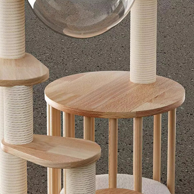 Contemporary Scandinavian Round Rubberwood Cat Tree, 4-Tier Solid Wood with Acrylic-Kraft Paper Rope for Living Room