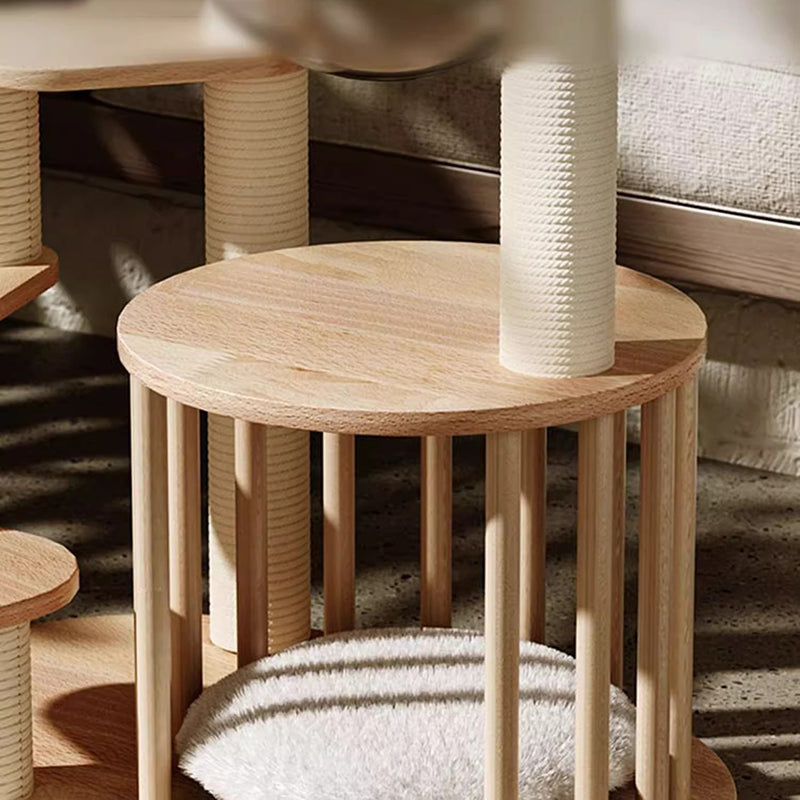 Contemporary Scandinavian Round Rubberwood Cat Tree, 4-Tier Solid Wood with Acrylic-Kraft Paper Rope for Living Room