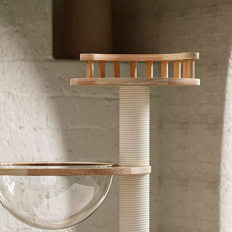 Contemporary Scandinavian Round Rubberwood Cat Tree, 4-Tier Solid Wood with Acrylic-Kraft Paper Rope for Living Room