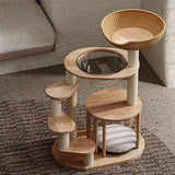 Contemporary Scandinavian Round Rubberwood Cat Tree, 4-Tier Solid Wood with Acrylic-Kraft Paper Rope for Living Room