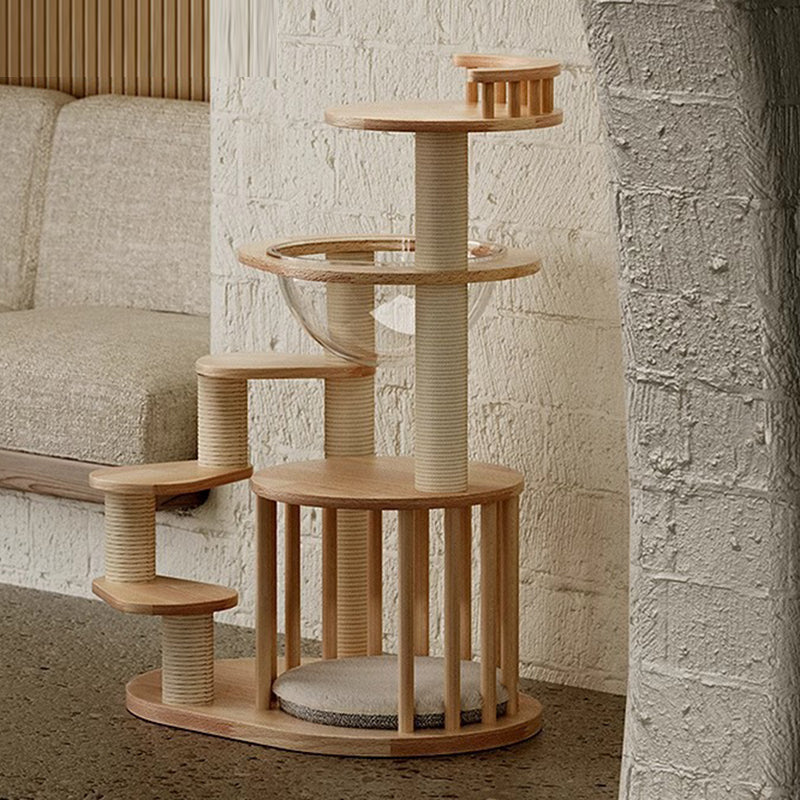 Contemporary Scandinavian Round Rubberwood Cat Tree, 4-Tier Solid Wood with Acrylic-Kraft Paper Rope for Living Room