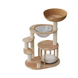 Contemporary Scandinavian Round Rubberwood Cat Tree, 4-Tier Solid Wood with Acrylic-Kraft Paper Rope for Living Room