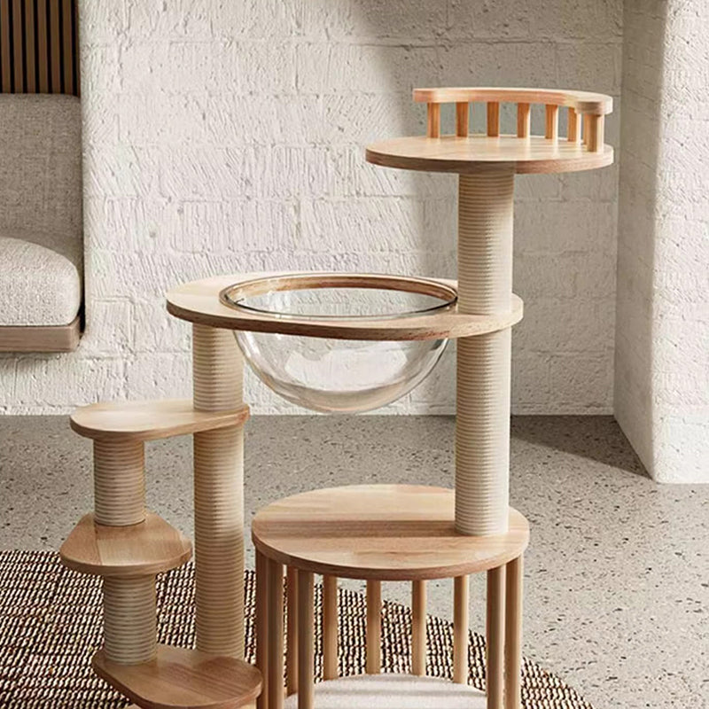 Contemporary Scandinavian Round Rubberwood Cat Tree, 4-Tier Solid Wood with Acrylic-Kraft Paper Rope for Living Room