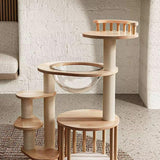 Contemporary Scandinavian Round Rubberwood Cat Tree, 4-Tier Solid Wood with Acrylic-Kraft Paper Rope for Living Room