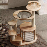 Contemporary Scandinavian Round Rubberwood Cat Tree, 4-Tier Solid Wood with Acrylic-Kraft Paper Rope for Living Room