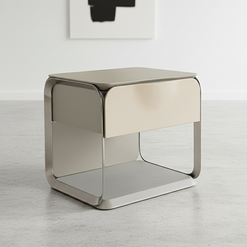 Modern Luxury White & Silver Nightstand with Floating Design and Microfiber Leather Drawer Front — Sleek Single-Drawer Bedside Table for the Bedroom