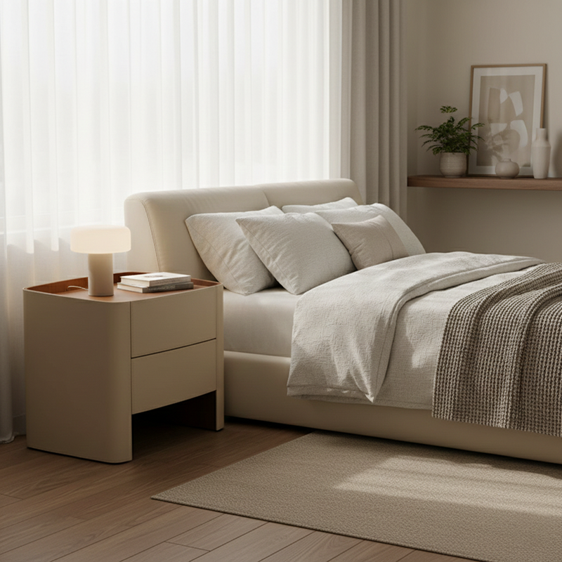Luxurious Modern Beige Nightstand with Floating Design and Saddle Leather Finish - Double-Drawer Bedside Table for the Bedroom