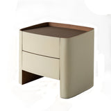 Luxurious Modern Beige Nightstand with Floating Design and Saddle Leather Finish - Double-Drawer Bedside Table for the Bedroom