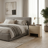 Luxurious Modern Beige Nightstand with Floating Design and Saddle Leather Finish - Double-Drawer Bedside Table for the Bedroom