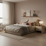 Luxurious Modern Beige Nightstand with Floating Design and Saddle Leather Finish - Double-Drawer Bedside Table for the Bedroom