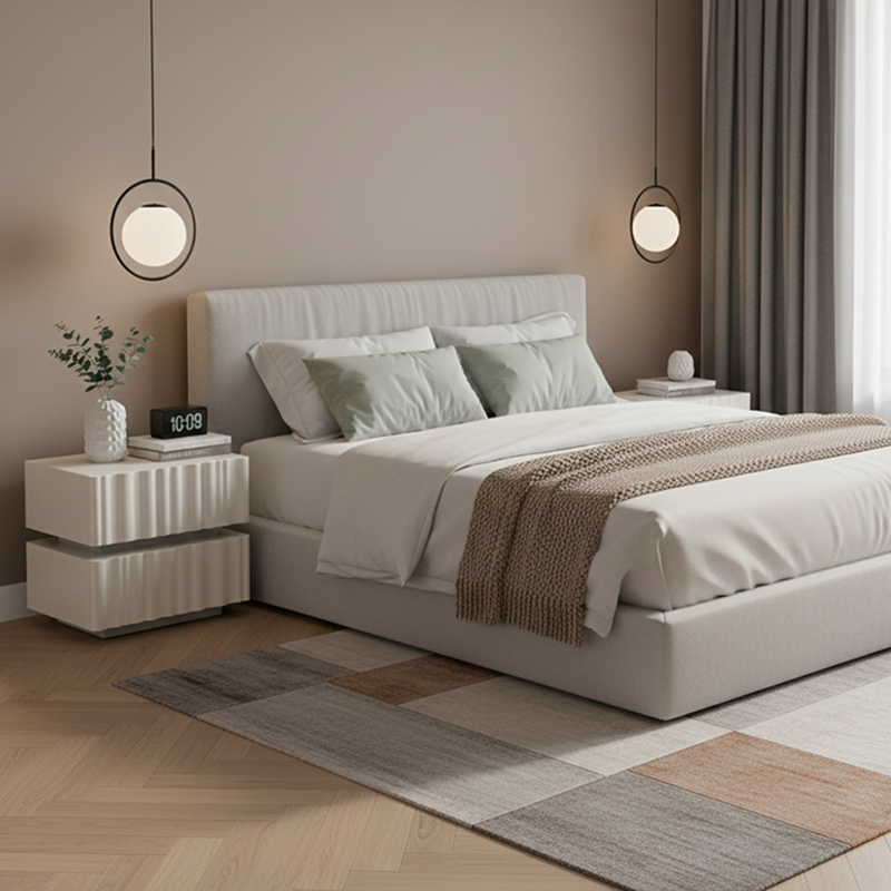 Modern Luxury White Nightstand with 3D Wavy-Textured Drawers – Dual-Drawer Bedside Table For Bedroom