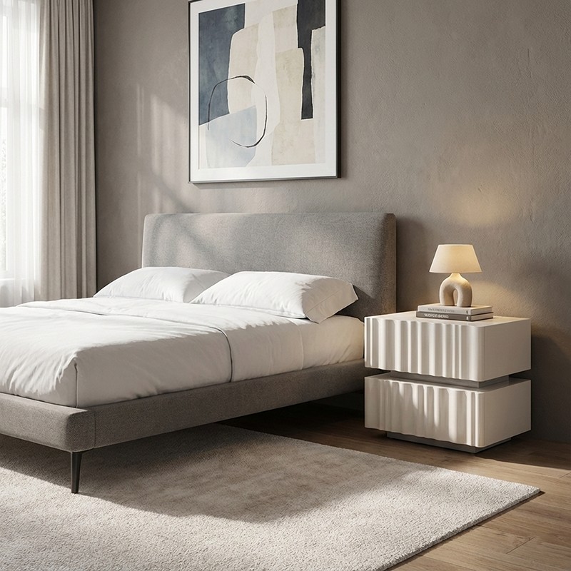 Modern Luxury White Nightstand with 3D Wavy-Textured Drawers – Dual-Drawer Bedside Table For Bedroom