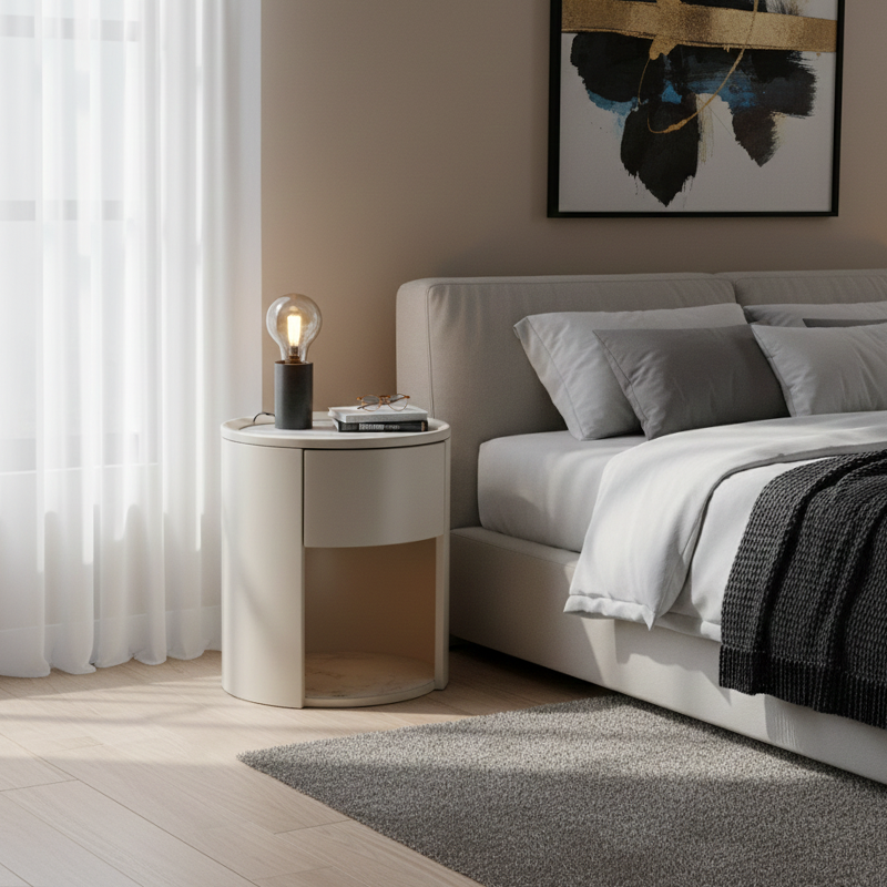 Luxurious Modern White Nightstand with White Stone Slab Top and One Drawer – Elegant Bedside Table for the Bedroom