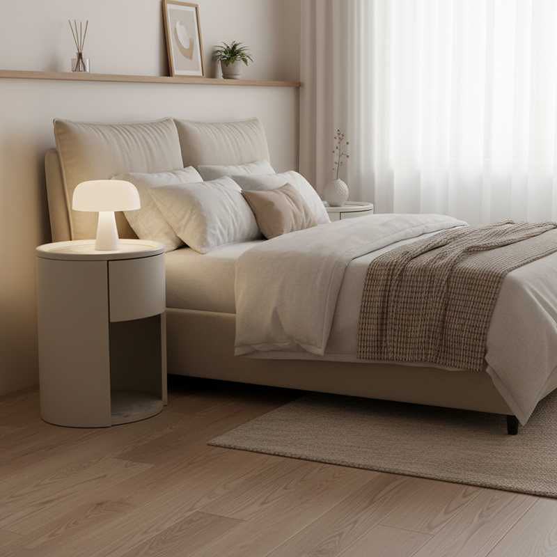 Luxurious Modern White Nightstand with White Stone Slab Top and One Drawer – Elegant Bedside Table for the Bedroom