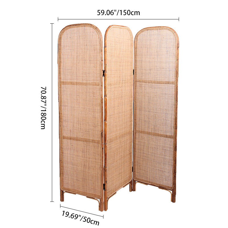 Traditional Chinese Wood-Finish Three-Panel Screen with Natural Indonesian Rattan - Handwoven Room Divider for Living Room