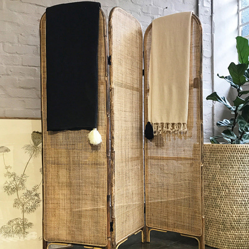 Traditional Chinese Wood-Finish Three-Panel Screen with Natural Indonesian Rattan - Handwoven Room Divider for Living Room