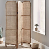 Traditional Chinese Wood-Finish Three-Panel Screen with Natural Indonesian Rattan - Handwoven Room Divider for Living Room