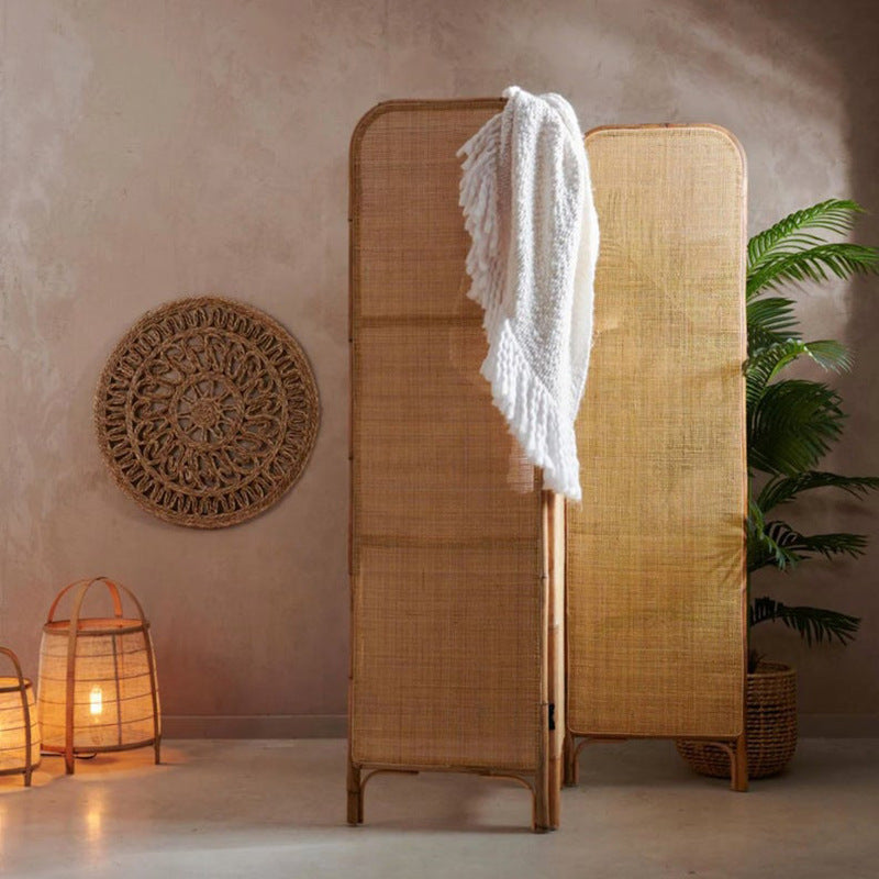 Traditional Chinese Wood-Finish Three-Panel Screen with Natural Indonesian Rattan - Handwoven Room Divider for Living Room