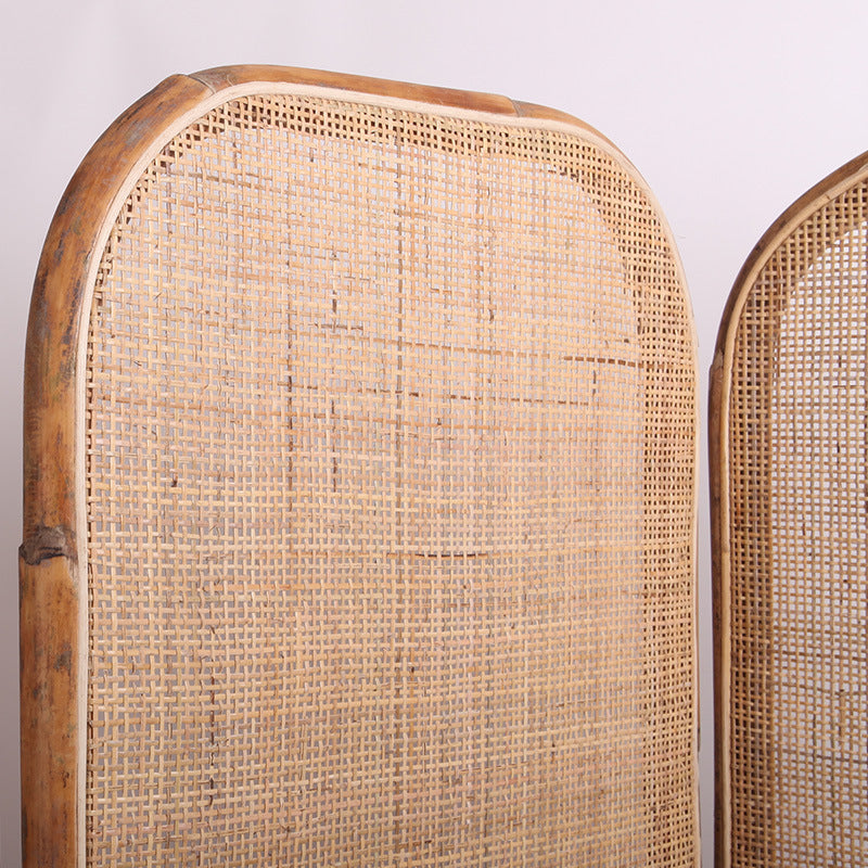 Traditional Chinese Wood-Finish Three-Panel Screen with Natural Indonesian Rattan - Handwoven Room Divider for Living Room