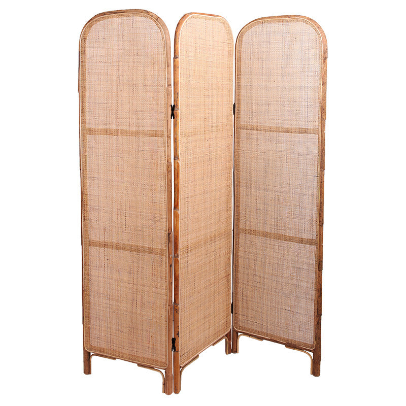 Traditional Chinese Wood-Finish Three-Panel Screen with Natural Indonesian Rattan - Handwoven Room Divider for Living Room