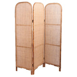 Traditional Chinese Wood-Finish Three-Panel Screen with Natural Indonesian Rattan - Handwoven Room Divider for Living Room