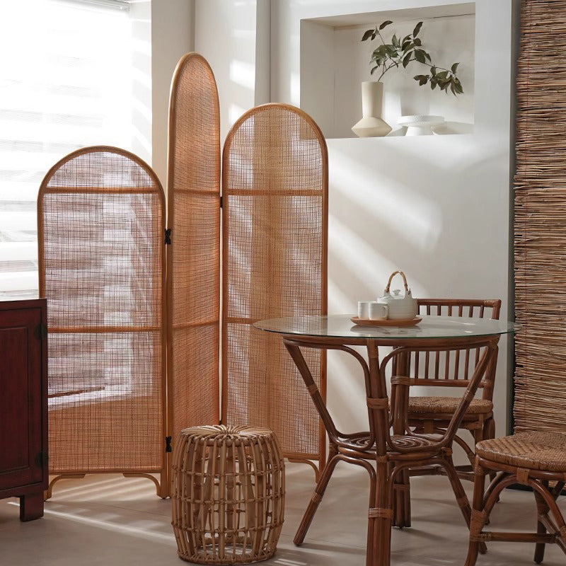 Traditional Chinese Wood-Color 3-Panel Screen Featuring Natural Indonesian Rattan & Handwoven Detailing — Asymmetrical Tiered Room Divider for Living Room