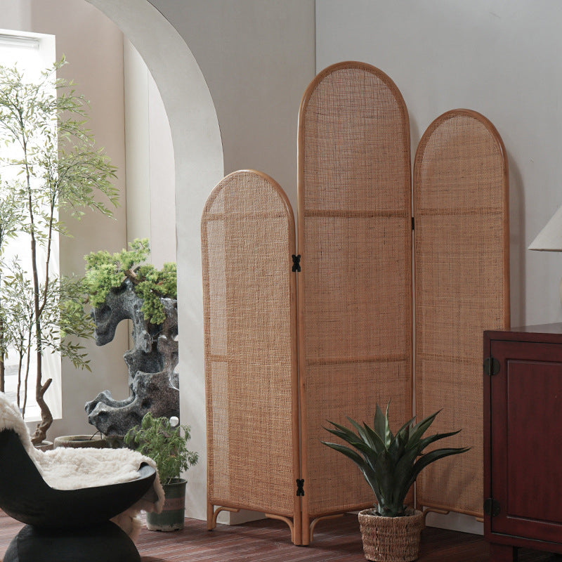 Traditional Chinese Wood-Color 3-Panel Screen Featuring Natural Indonesian Rattan & Handwoven Detailing — Asymmetrical Tiered Room Divider for Living Room