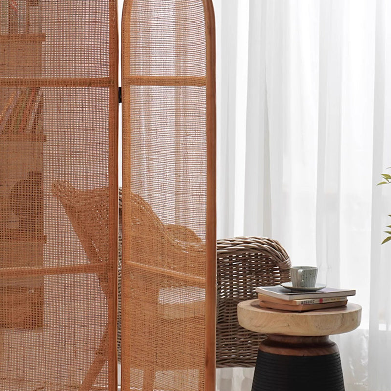 Traditional Chinese Wood-Color 3-Panel Screen Featuring Natural Indonesian Rattan & Handwoven Detailing — Asymmetrical Tiered Room Divider for Living Room