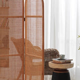 Traditional Chinese Wood-Color 3-Panel Screen Featuring Natural Indonesian Rattan & Handwoven Detailing — Asymmetrical Tiered Room Divider for Living Room