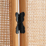 Traditional Chinese Wood-Color 3-Panel Screen Featuring Natural Indonesian Rattan & Handwoven Detailing — Asymmetrical Tiered Room Divider for Living Room
