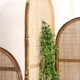 Traditional Chinese Wood-Color 3-Panel Screen Featuring Natural Indonesian Rattan & Handwoven Detailing — Asymmetrical Tiered Room Divider for Living Room