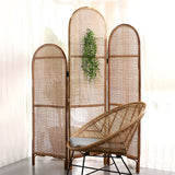 Traditional Chinese Wood-Color 3-Panel Screen Featuring Natural Indonesian Rattan & Handwoven Detailing — Asymmetrical Tiered Room Divider for Living Room