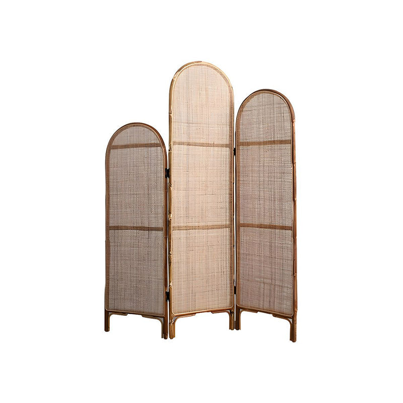 Traditional Chinese Wood-Color 3-Panel Screen Featuring Natural Indonesian Rattan & Handwoven Detailing — Asymmetrical Tiered Room Divider for Living Room