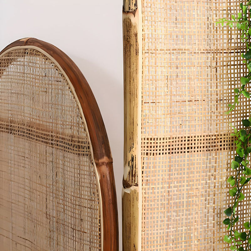 Traditional Chinese Wood-Color 3-Panel Screen Featuring Natural Indonesian Rattan & Handwoven Detailing — Asymmetrical Tiered Room Divider for Living Room