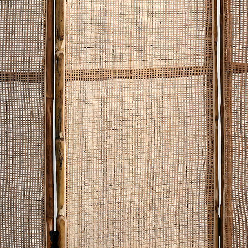 Traditional Chinese Wood-Color 3-Panel Screen Featuring Natural Indonesian Rattan & Handwoven Detailing — Asymmetrical Tiered Room Divider for Living Room