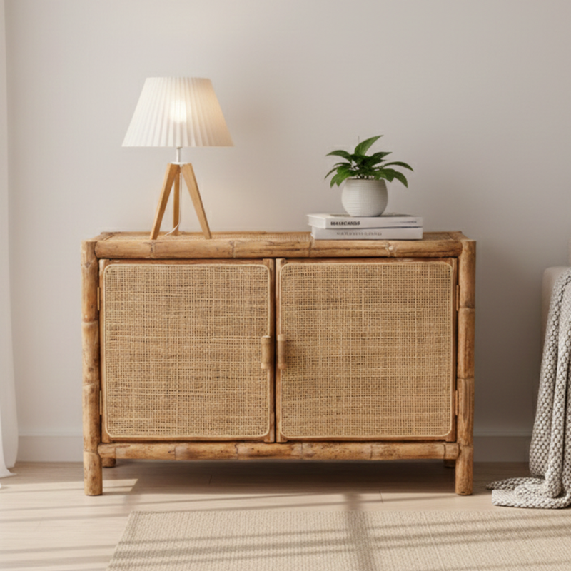 Traditional Chinese Rectangular Storage Cabinet — Handwoven Natural Indonesian Rattan, Large-Capacity Living Room Sideboard