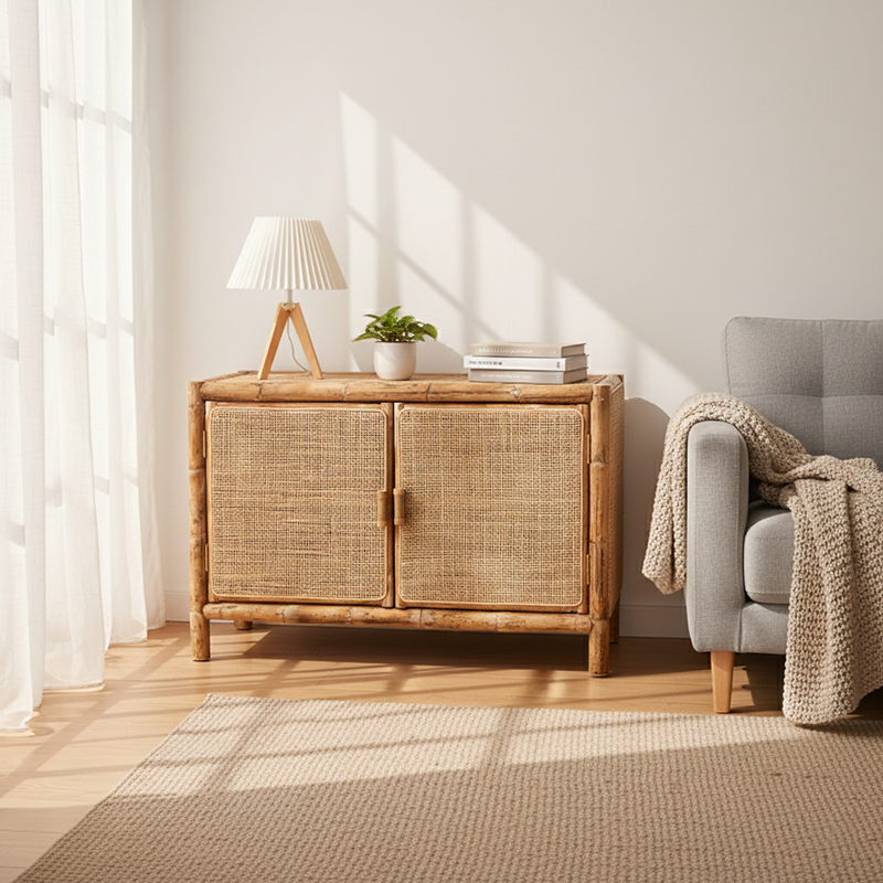 Traditional Chinese Rectangular Storage Cabinet — Handwoven Natural Indonesian Rattan, Large-Capacity Living Room Sideboard