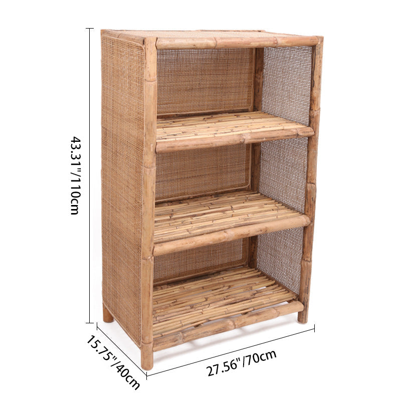 Traditional Chinese Rectangular Bookshelf with Handwoven Natural Indonesian Rattan — 3-Tier, Large-Capacity Storage Shelf for Living Room
