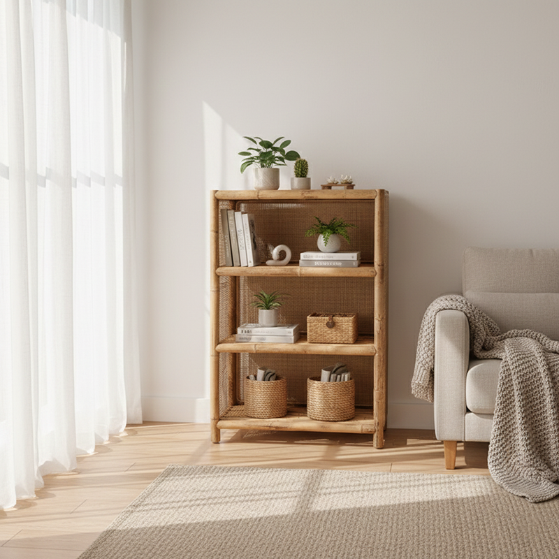 Traditional Chinese Rectangular Bookshelf with Handwoven Natural Indonesian Rattan — 3-Tier, Large-Capacity Storage Shelf for Living Room