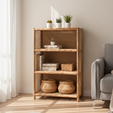 Traditional Chinese Rectangular Bookshelf with Handwoven Natural Indonesian Rattan — 3-Tier, Large-Capacity Storage Shelf for Living Room
