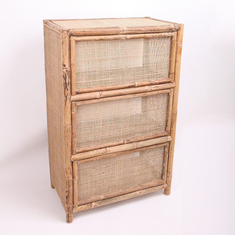 Traditional Chinese Rectangular Bookshelf with Handwoven Natural Indonesian Rattan — 3-Tier, Large-Capacity Storage Shelf for Living Room