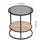 Modern Minimalist Round Glass-Top Side Table with Handwoven Natural Indonesian Rattan — 2-Tier End Table for Living Room