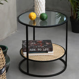 Modern Minimalist Round Glass-Top Side Table with Handwoven Natural Indonesian Rattan — 2-Tier End Table for Living Room
