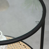 Modern Minimalist Round Glass-Top Side Table with Handwoven Natural Indonesian Rattan — 2-Tier End Table for Living Room